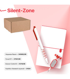Набор подарочный SILENT-ZONE: бизнес-блокнот, ручка, наушники, коробка, стружка, бело-красный с логотипом