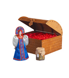 Подарочный набор: кукла фарфоровая, мед, синий с логотипом