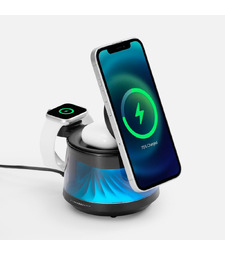 Bluetooth-колонка с подсветкой и беспроводной зарядкой Quantium, черная с логотипом