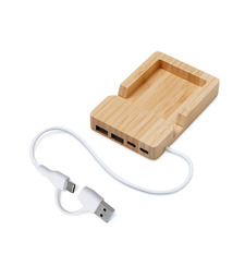 USB хаб Memo, 2*USB, 2*Type C, бамбук с логотипом