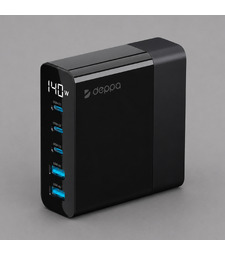Зарядная станция 3xUSB Type-C, 2xUSB, PD, QC, 140Вт, черный, Deppa с логотипом