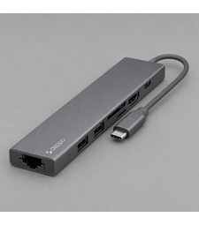 USB Type-C хаб 7-в-1, HDMI, Power Delivery, 2xUSB 3.0, RJ45, microSD/SD, графит, Deppa с логотипом
