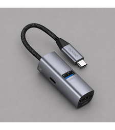 USB-хаб 3 в 1 USB-C - USB-A3.0 + USB-C PD100Вт + HDMI, серый, Deppa с логотипом