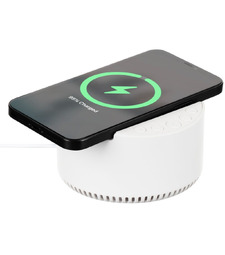 Bluetooth-колонка с беспроводной зарядкой relaxTime, белая с логотипом